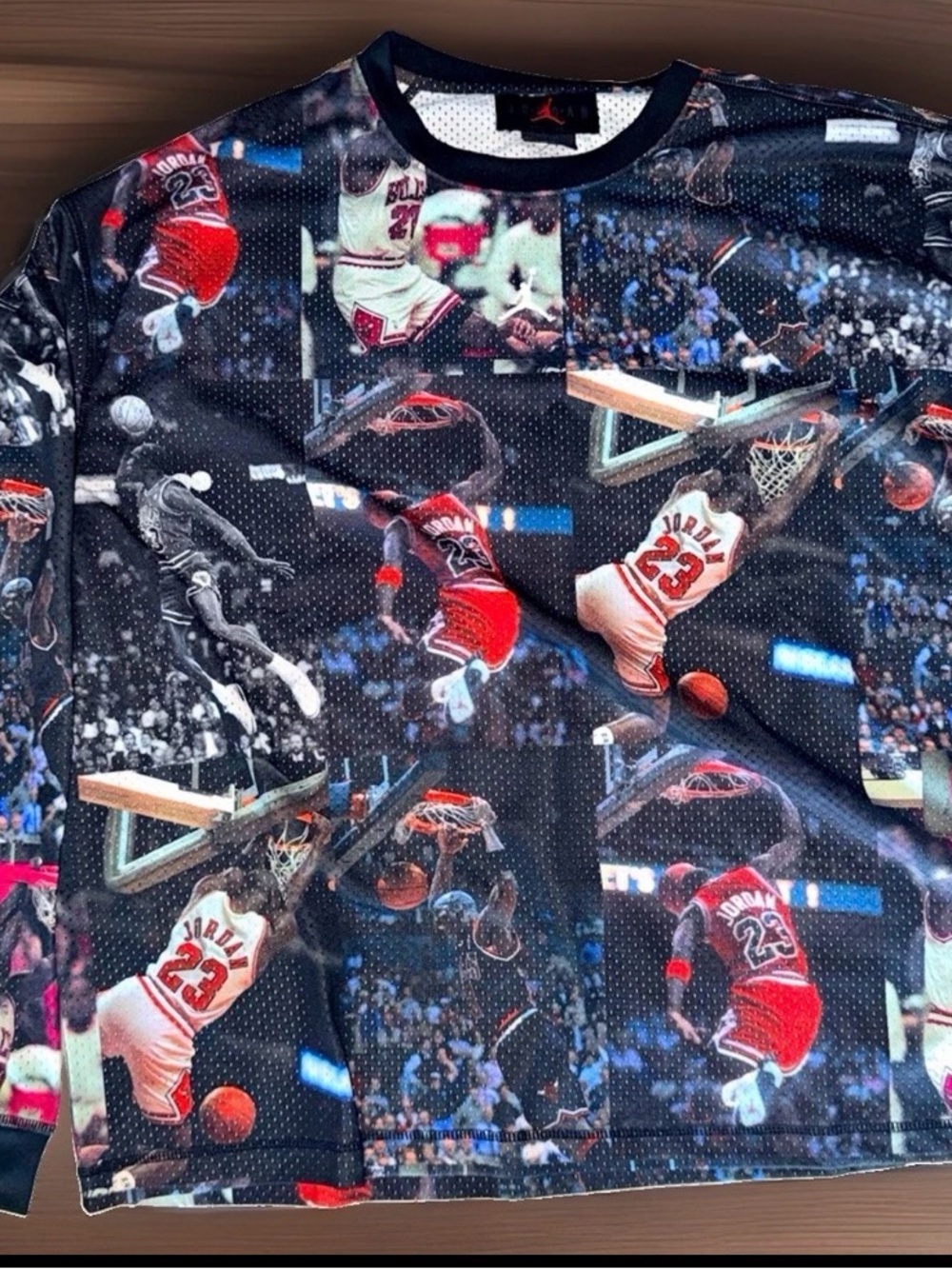 Jordan Flight Men's Printed Long-Sleeve Mesh Jersey Dunk Collage Black Red L NWT